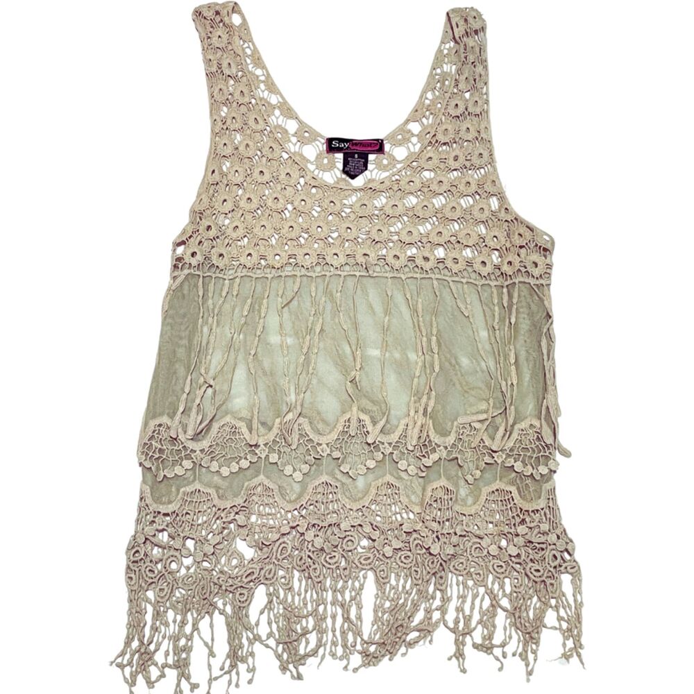 Boho Beige Crochet Open Knit Fringe Tank Top Small - Picture 3 of 5
